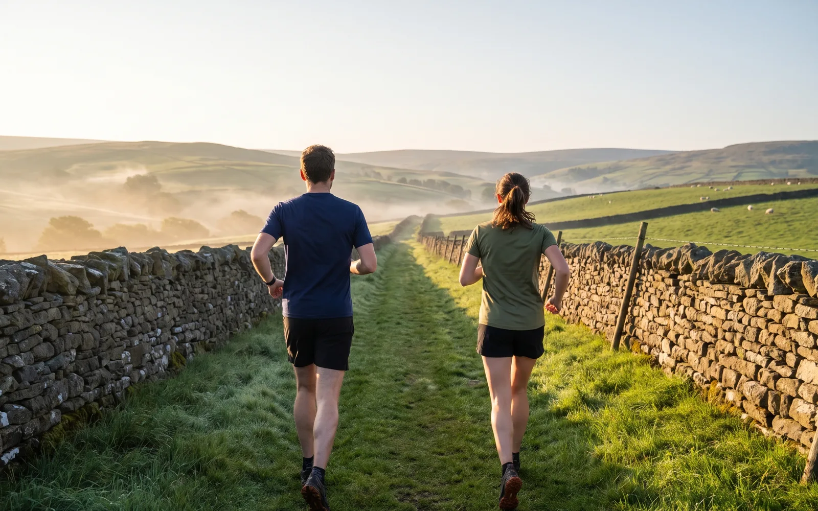 Two runners seen from behind on a stone-walled lane through the Yorkshire hills at sunrise